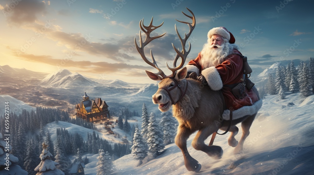 A man with a white beard, Santa Claus flies across the sky in a sleigh and with reindeer. Festive character symbol of Christmas and New Year. Good-natured active old man. - obrazy, fototapety, plakaty 