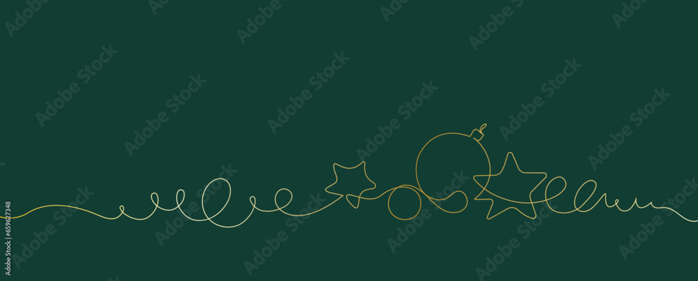 Merry Christmas decoration. Continuous one-line drawing art. Holiday greeting card Christmas ball, stars, and tinsel. Vector illustration.