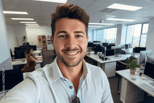 Male office worker smiling at camera wearing casual dress in corporate office
