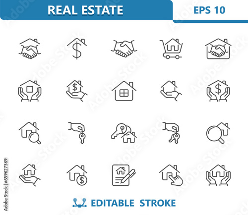 Real Estate Icons. Deal, Agreement, Handshake, House, Home, Keys