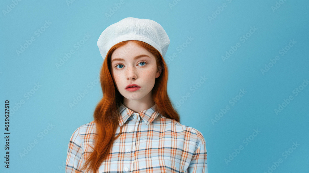 Portrait of teen red haired stylish girl with long hair in white beret on blue. Portrait of teen red haired stylish girl with long hair in white beret on blue.