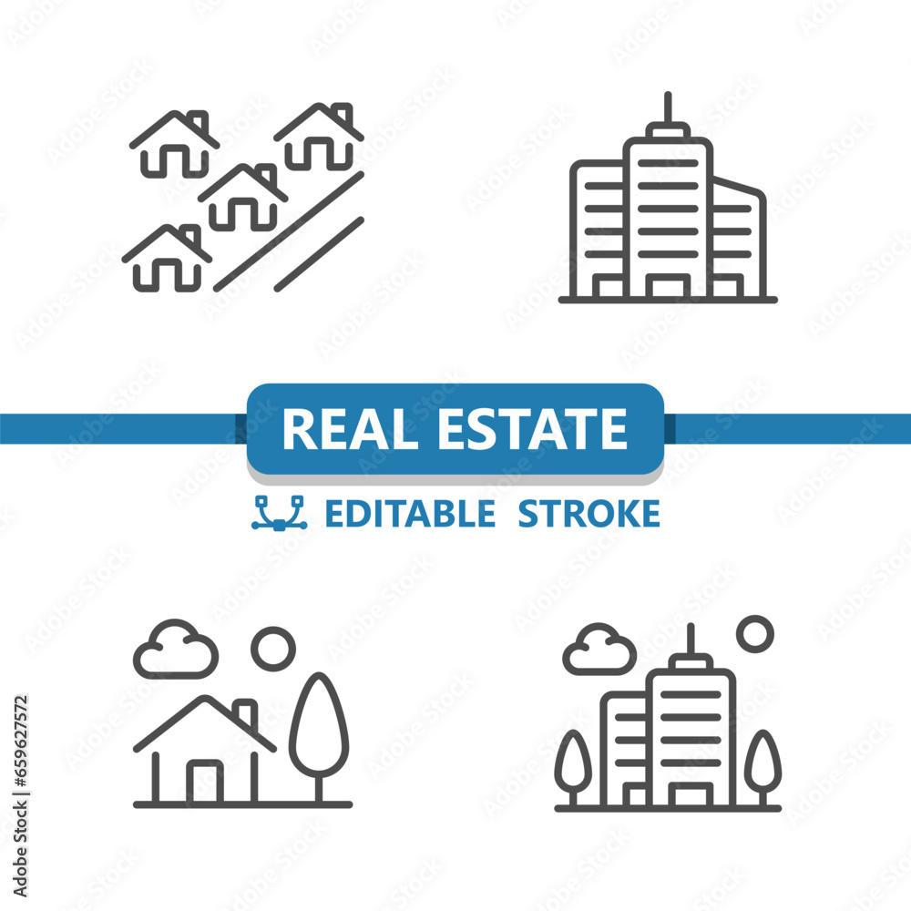Real Estate Icons. House, Home, Houses, Street, Neighborhood, Town, City, Apartment Building Icon