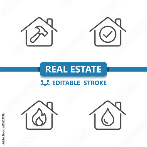 Real Estate Icons. House, Houses, Building, Construction, Checkmark, Flame, Water Icon
