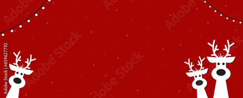 Cute Christmas reindeer on a red background. Christmas background, banner, or card.