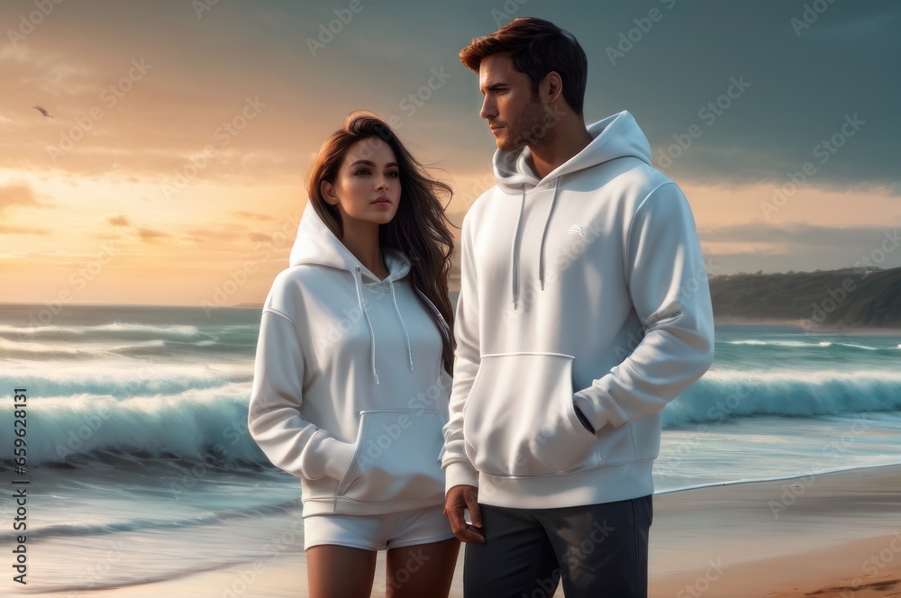A man and woman wearing white hoodies on the beach. Happy couple in stylish hoodies for winter outdoor shoot