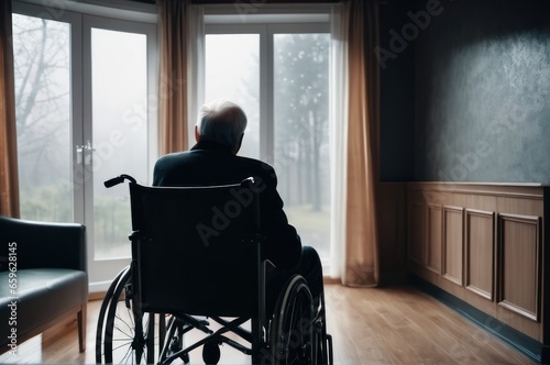 Senior man disabled sitting alone in wheelchair looking through window at hospital, lonely elder thoughtful sad old man look outside in bedroom at retirement home, feel depressed lonely photo