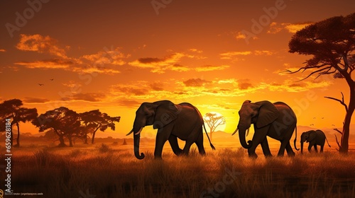 African elephants are walking on the grassland at sunset or sunrise