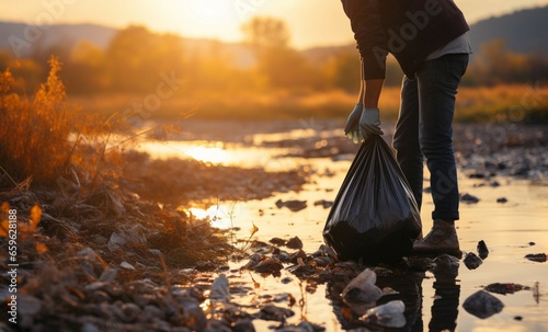 Photo Hand with a black garbage bag, cleaning the riverbank at sunset