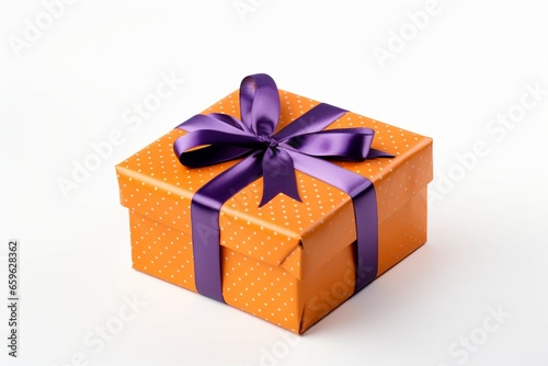 Holiday surprise A handcrafted gift in orange paper and a purple ribbon, seen from above on a white background