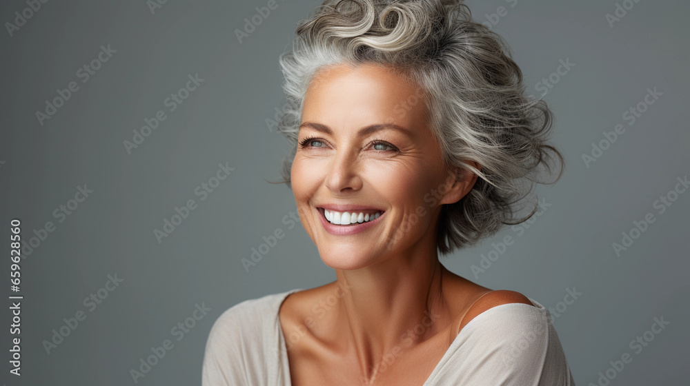 An elderly woman with healthy skin and gray hair smiles. An elderly woman with healthy skin and gray hair smiles.