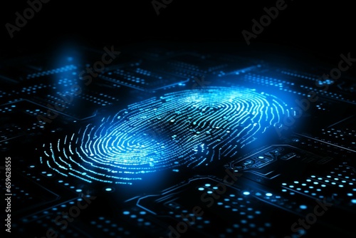 In a deep blue setting, a fingerprint scan incorporates binary code elements © shaista