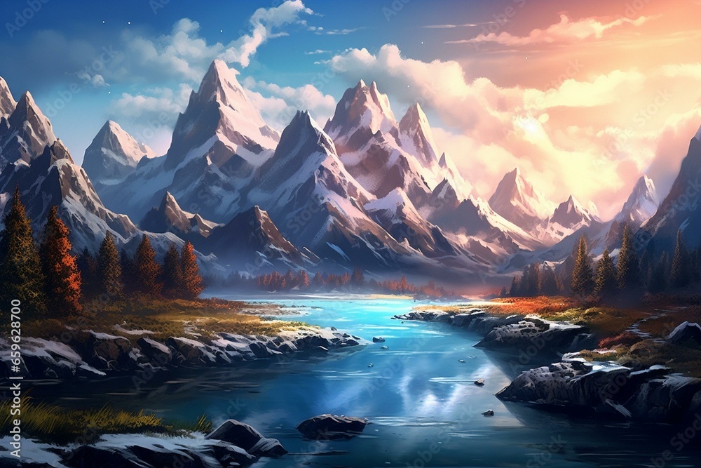 Artistic depiction of outdoor scenery displaying majestic mountains. Generative AI