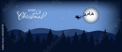 Santa is flying through the night sky under the village. Santa sleigh driving over the Moon in the night. Eps 10. Christmas Background.