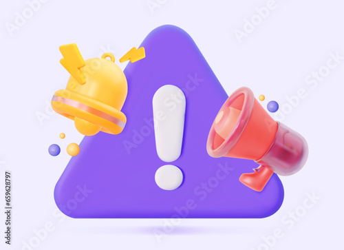 Notification system concept for different notifications. 3D megaphone, loudspeaker with call announcement attention sign. 3D Vector Illustration. 
