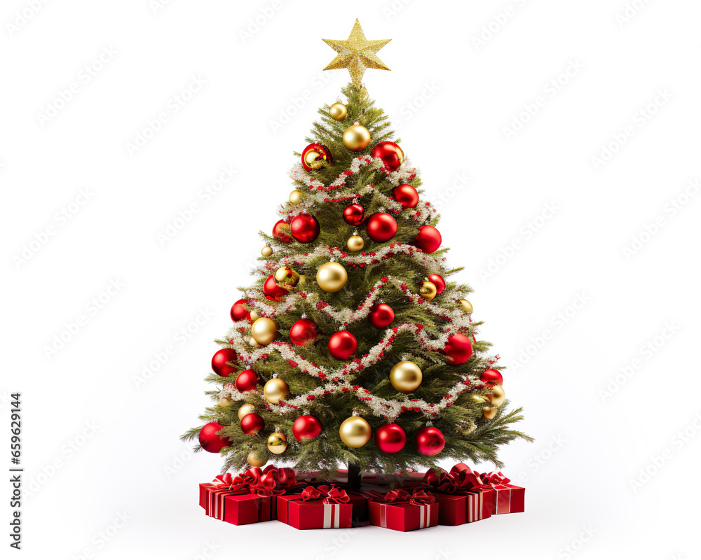Beautiful Christmas tree with ornaments on white background Beautiful Christmas tree with ornaments on white background