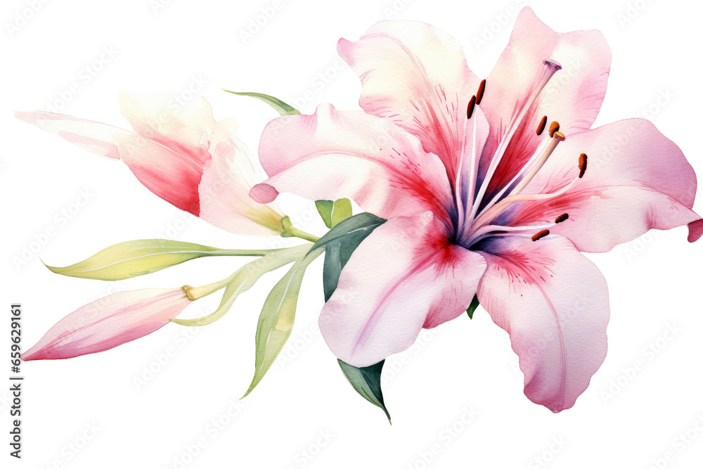 Watercolor of Tropical spring floral green leaves and flowers elements isolated on transparent png background, bouquets greeting or wedding card decoration.