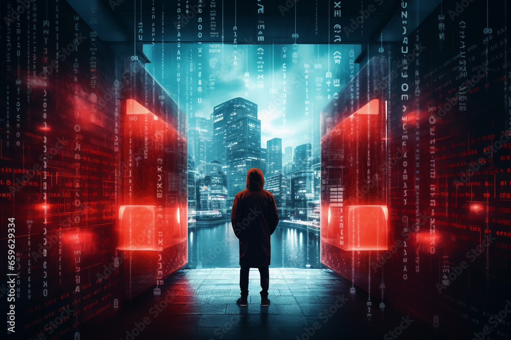 Man in a hoodie standing on computer networks background, cybersecurity or safety concept
