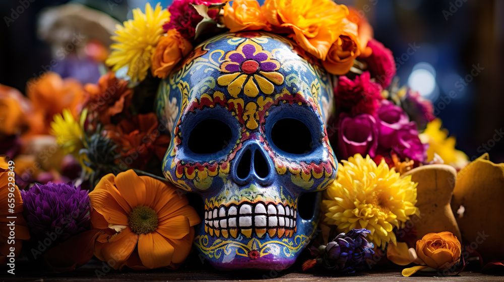 Halloween Dia De Los Muertos Celebration Background With Sugar Skull.