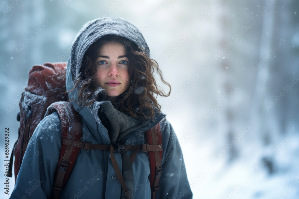 A beautiful woman with backpack hiking in the winter forest. A beautiful woman with backpack hiking in the winter forest.