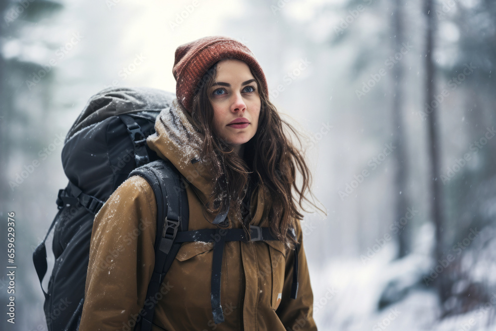 A beautiful woman with backpack hiking in the winter forest. A beautiful woman with backpack hiking in the winter forest.