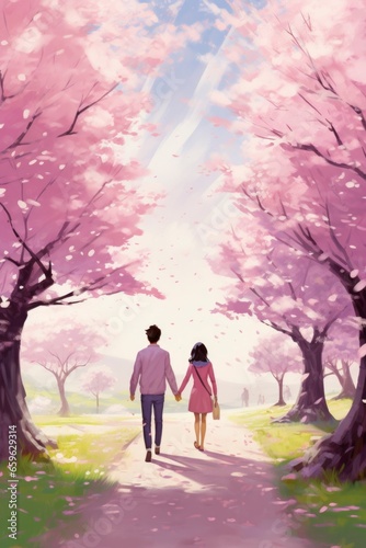 Amidst the breathtaking cherry blossoms, a couple shares a tender moment, celebrating their deep affection in the park.