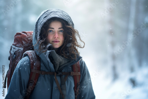 A beautiful woman with backpack hiking in the winter forest.