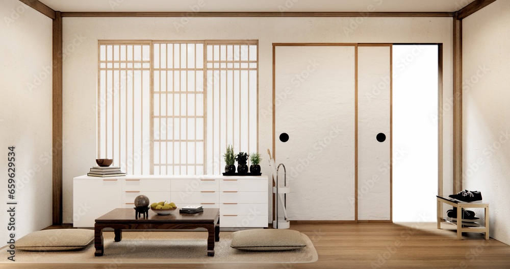Fototapeta premium Big room interior design in modern living room with black low table ,lamp ,vase, and decor Japanese style.