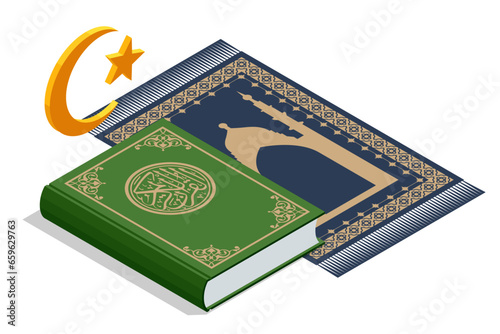 Isometric Islamic Book Koran crescent moon and star. Islamic symbol. Islamic icons can be used for the month of Ramadan, Eid and Eid Al-Adha. Kuran or Quran, making traditional prayer to God.