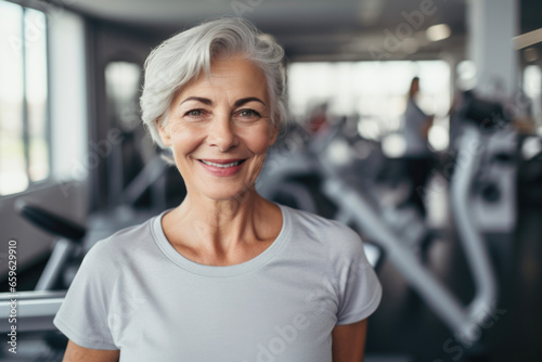 An elderly thin woman in the gym leads a healthy lifestyle