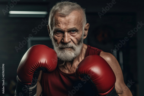 Elderly boxer in the gym. The concept of healthy and active longevity © Evgeniya Fedorova