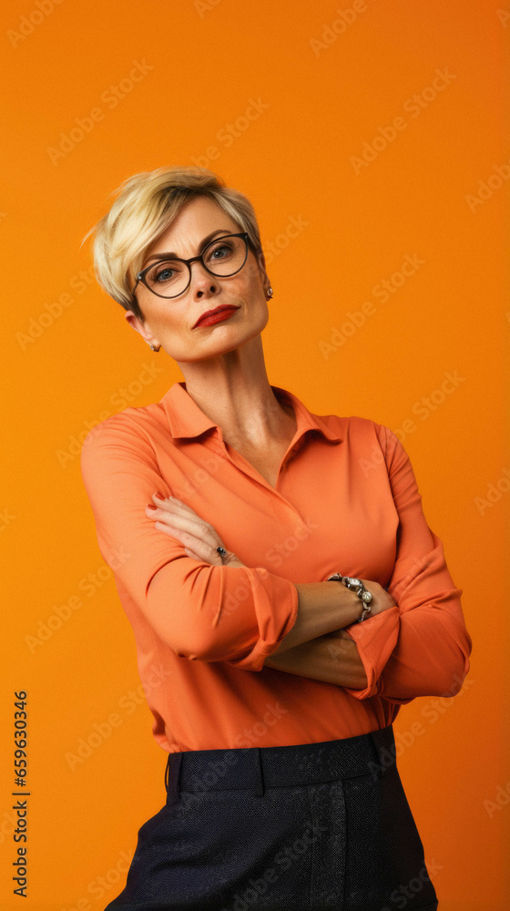 Photo of confident business woman wear orange crossed arms isolated on orange color background. Photo of confident business woman wear orange crossed arms isolated on orange color background.