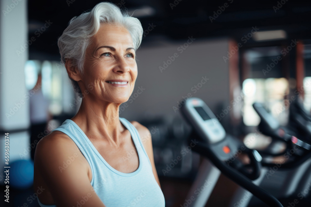 An elderly thin woman in the gym leads a healthy lifestyle An elderly thin woman in the gym leads a healthy lifestyle