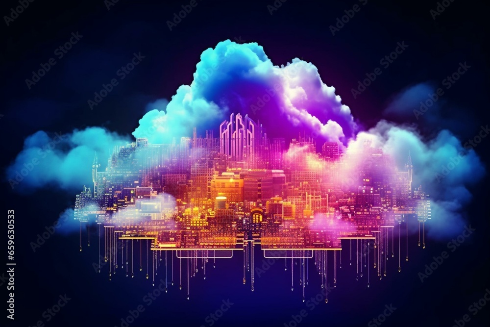 A vibrant cloud with luminous lights and circuits, representing cloud computing in a futuristic manner. Generative AI
