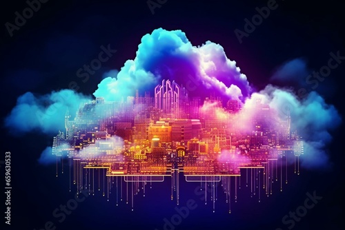 A vibrant cloud with luminous lights and circuits  representing cloud computing in a futuristic manner. Generative AI