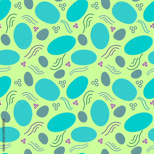 Abstract seamless pattern with oval shapes , curves and rings on a green menthol background. Vector illustration. For textile, backgrounds, wrapping paper.
