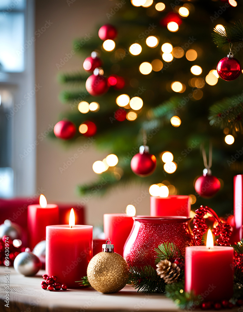 Red candle flames glow in front of a pine Christmas tree with golden lights and red ornament bulbs. The table has bulbs and pine decoration.