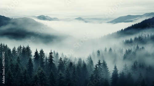 A dense fog enveloping a pine forest, creating an ethereal atmosphere.