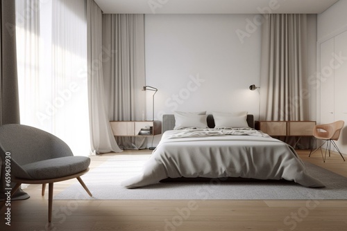 Contemporary bedroom with cozy armchair and bed  computer-generated rendering. Generative AI