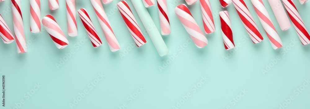 White and red shiny Christmas candy canes, minimal flat lay pattern background. - obrazy, fototapety, plakaty 
