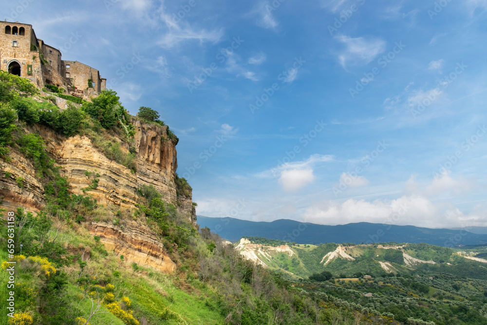 Panoramic view of Bagnoregio, Italy on top of a hill also called -dying village- because the hill eroding, causing the village houses to collapse into the gorge