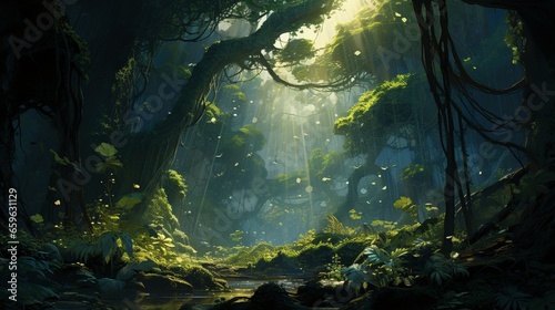 A dense jungle canopy, with shafts of sunlight illuminating the verdant undergrowth.