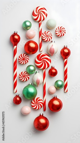 White and red shiny Christmas candy canes, minimal flat lay pattern background.