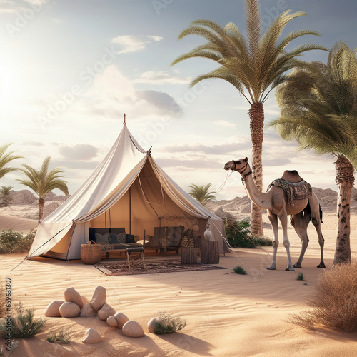  A desert oasis outside with a camel and a tent 