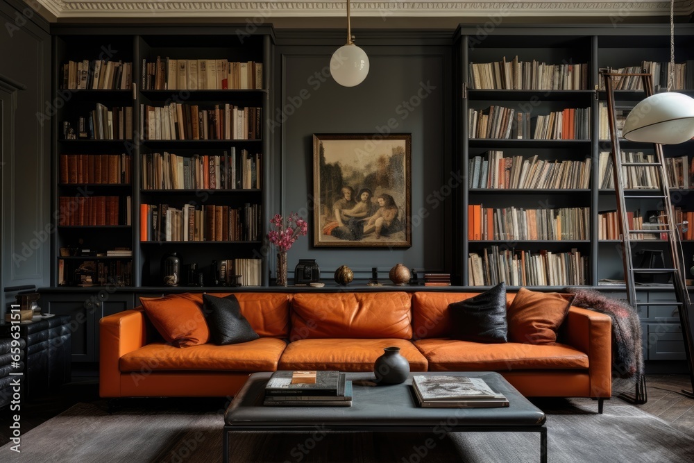 Interior of modern urban studio or living room in the appartment with contemporary designer decoration Interior of modern urban studio or living room in the appartment with contemporary designer decoration