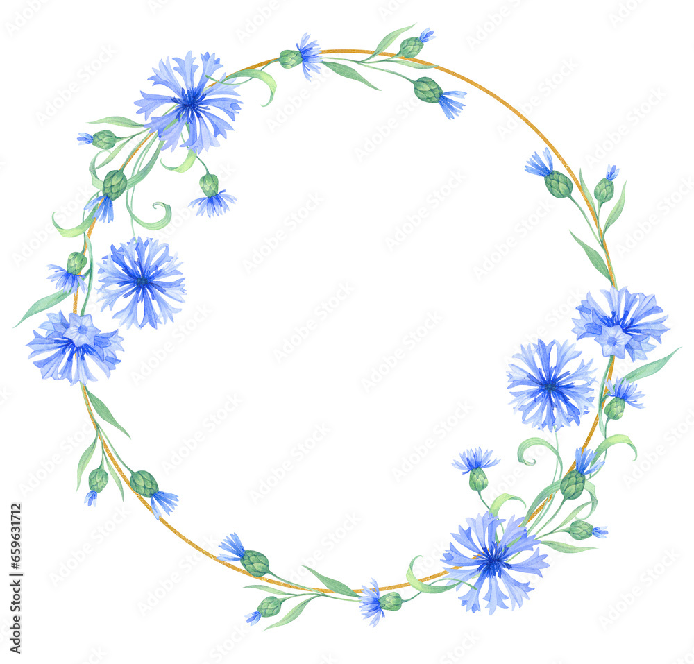 Golden wreath, round frame with cornflower flowers . watercolor illustration with branch blue flowers