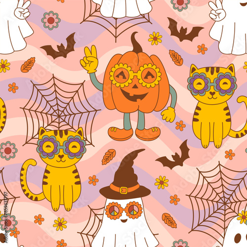 seamless pattern with  funny pumpkin, ghost, cat