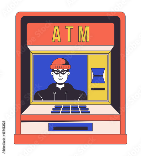 ATM fraud flat line concept vector spot illustration. Thief stealing money. Online banking 2D cartoon outline object on white for web UI design. Cybercrime editable isolated color hero image