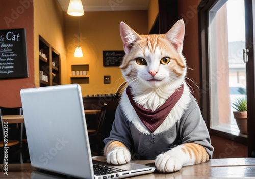 a smart cat working on laptop in cafe. student cat work on computer laptop at table in a bar or library