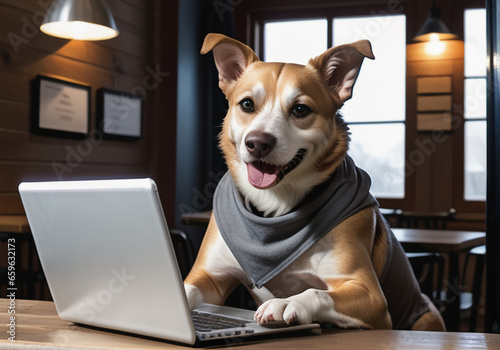 a smart dog working on laptop in cafe. student dog work on computer laptop at table in a bar or library © mvdesign