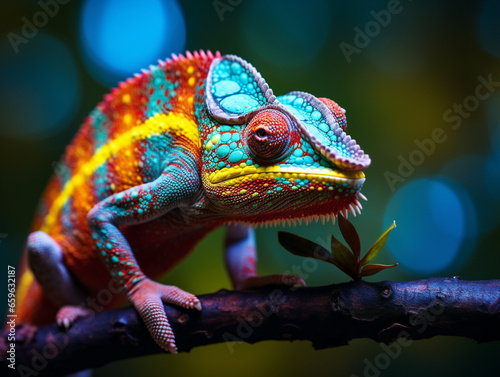 A colorful chameleon blending into its surroundings by changing colors in a whimsical manner.